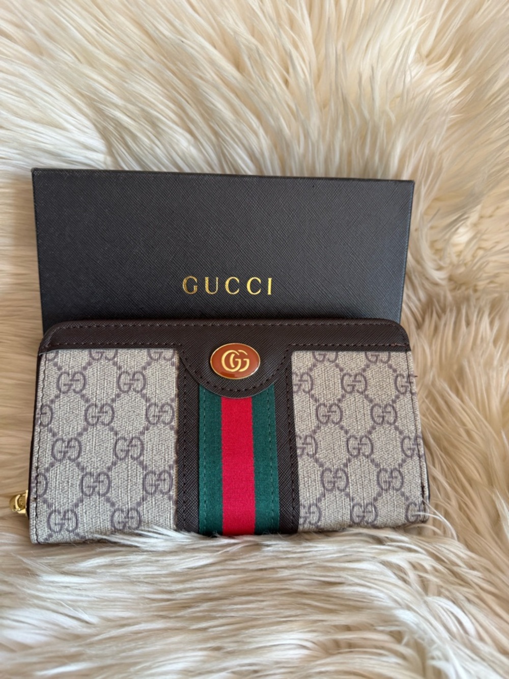 Gucci Brown GG Canvas Continental Wallet with Green and Red Web